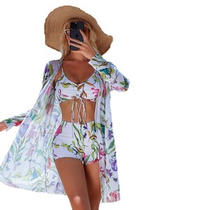 Ensemble de maillot de bain trois pièces pour femme en Spandex/Polyester, comprenant un bas de bikini à dos plat, un haut de bikini et une nouvelle paréo tendance avec nœud - Product Image 5
