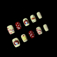 Faux ongles carrés courts à presser, motif pois, chat, poisson, pomme, peints à la main, en gel, faits à la main, réutilisables, ajustement personnalisé