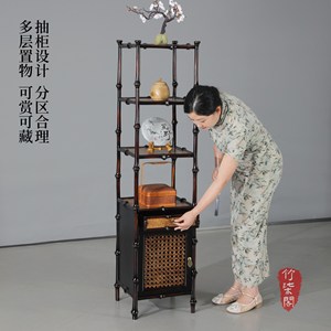 Bamboo Display Shelf With Drawer Cabinet Chinese Style Tea Storage Rack Multi-Tier Stand For Tea Room Decor - Product Image 2