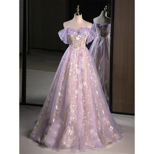 Pinkish Purple Off Shoulder Sequined Ball Gown Evening Dress Empire Waist Floral Print For Women Formal Events - Product Image 3