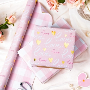 <b>Pink</b> Love Wrapping Paper Roll Gold Foil Hearts Love Lettering Reversible Gift <b>Wrap</b> with <b>Pink</b> and White Checkerboard Background - Product Image 2