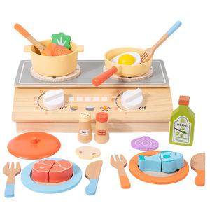 木制迷你厨房假装玩具套装幼儿炉灶烹饪玩具带锅具食物用具早教精细动作技能玩具 - Product Image 1