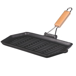Poêle à griller <span class=keywords><strong>rectangulaire</strong></span> en fonte pré-assaisonnée avec poignée en <span class=keywords><strong>bois</strong></span> pliable, polyvalente pour steak, œufs et grillades - Product Image 3