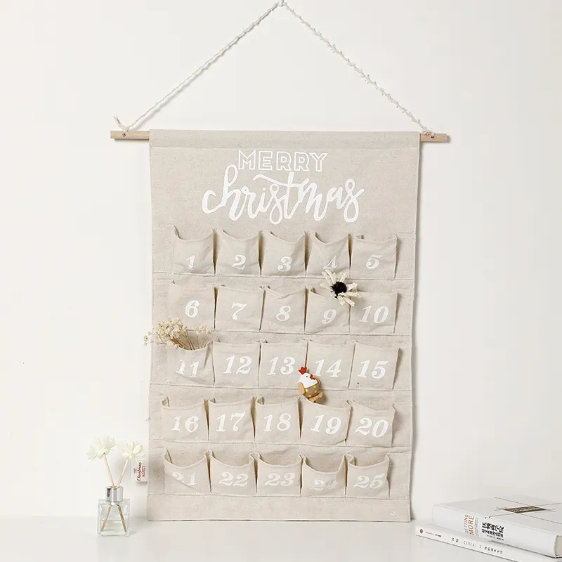 Calendário de parede infantil de diy, decoração de parede com bolsos, puncheon, contagem regressiva para saída de natal