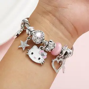 Розовый мультфильм котенок браслет с бисером, регулируемый браслет из нержавеющей стали, аниме мультфильм браслет для женщин