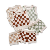 Haute qualité INS Style neutre nouveau-né et enfant en bas âge damier sans manches gilet Shorts pull ensemble pur coton gilet