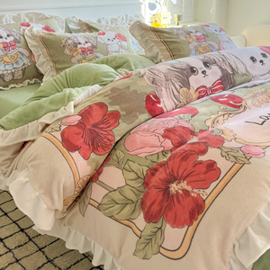 Cartoon Lolita stile digitale stampato in velluto latte copripiumino doppio federe Sabanas lenzuola ragazze bambini 4 pz Set biancheria da letto - Product Image 4