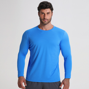 100% polyester à manches longues Dryfit col rond hommes chemise de sport Logo personnalisé couleur unie chemise bleue pour hommes - Product Image 2