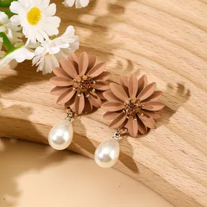 Queming 패션 그린 꽃 귀걸이 드롭 모양 모조 진주 간단한 귀여운 다목적 귀걸이