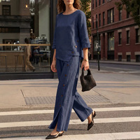 Ensemble décontracté femme 2026 : chemise en lin mélangé et pantalon large, tenue deux pièces boutonnée à ourlet irrégulier pour printemps-été