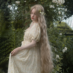 أنيقة أنيقة مربعة الرقبة منفوخة كم الخصر الطبيعي زر الأزهار طباعة طويلة الصيف حديقة زفاف ضيف فستان نسائي - Product Image 1