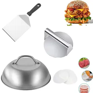 Stainless Steel Smash Burger Kit Set Lid Griddle Spatula Burger Press Basting Cheese Melting Lid Serving Tray Cover