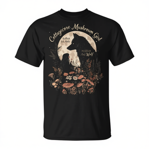 Camiseta Cottagecore Mushroom Girl And Wolf para mujer, diseño de cuello redondo negro, estampado artístico inspirado en la naturaleza - Product Image 2