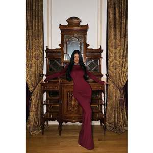 Robe de bal vintage bordeaux à manches longues, motif brodé, taille empire, taille naturelle XL, en polyester, longueur maxi, pour soirée - Product Image 5