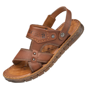 Sandales à brides croisées pour hommes en cuir de vachette première couche, respirantes, semelle extérieure en caoutchouc, décontractées, été, bout ouvert, couleur unie, doublure en cuir - Product Image 4