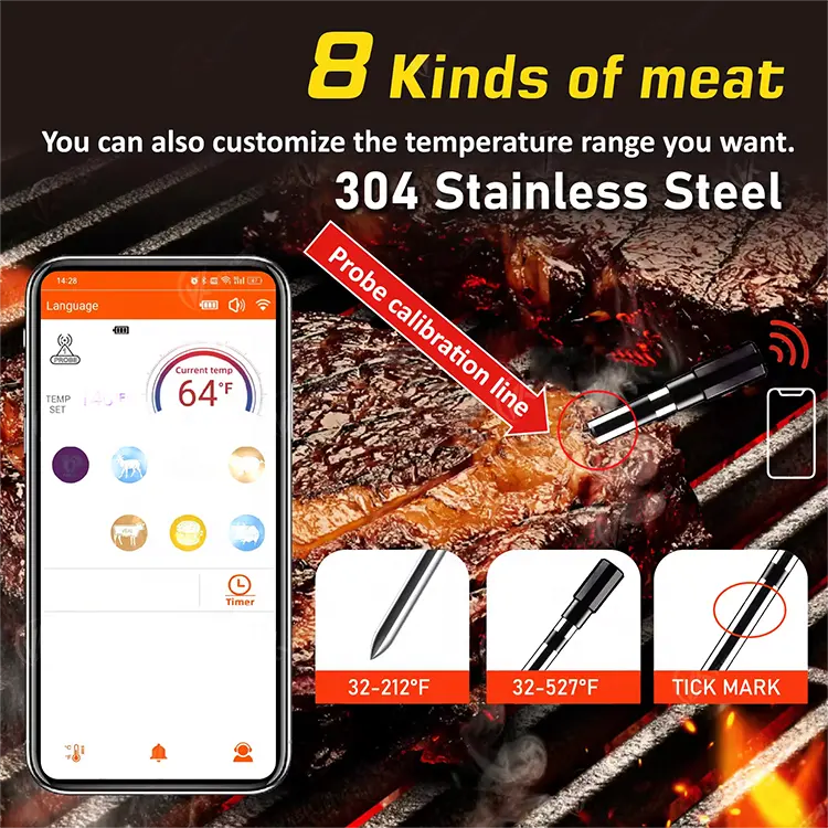 MAX 500FT Wireless Long Range Smart Grill Cooking BlueTooth BBQ Thermometers For Meat