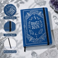 Carnet de notes personnalisé A4 en cuir PU bleu marine, couverture rigide, avec estampage argenté, thème magie et fantaisie, avec bande élastique et marque-page en corde