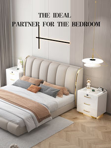 Wicker kaca pintar abu-abu kayu isi ulang 2 furnitur kabinet samping tempat tidur panjang dengan pengisi daya nirkabel - Product Image 4