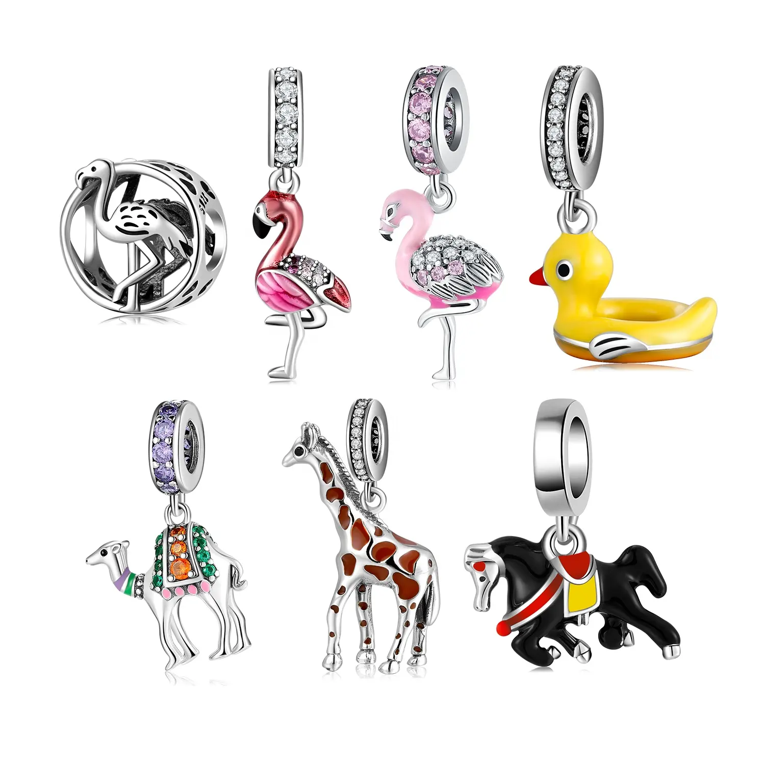 Bất 925 Sterling Silver Elegant Flamingo Men Hồng Với Rõ Ràng Zircon Fine Pendant Charms Cho Vòng Tay Trang Sức Biểu Tượng Tùy Chỉnh