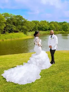 Vestido de noiva estilo sereia africano, plissado, de mangas compridas, conjunto de vestidos de casamento, organza, renda grande, 2021