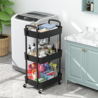 Chariot utilitaire roulant en plastique à 3 niveaux avec poignée, chariot de rangement multifonctionnel, organisateur de rangement mobile avec roues, noir
