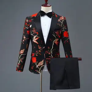 工作室主题男士啄木鸟提花套装主持人MC舞台歌手服装2件西装外套和裤子宴会派对婚礼外套