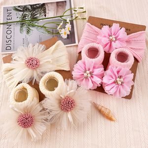 Accessoires pour <span class=keywords><strong>cheveux</strong></span> en fleurs doux et très élastiques, bandeaux turban avec chaussettes, ensemble cadeau pour bébé - Product Image 2