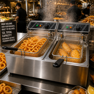 เครื่องทอดไฟฟ้าแบบสองถัง ขนาด 5 กิโลวัตต์ ความจุ 12 ลิตร ทำจากสแตนเลส สำหรับวางบนเคาน์เตอร์ พร้อมระบบควบคุมแยกอิสระ เหมาะสำหรับร้านอาหาร - Product Image 4