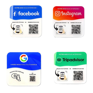 Placa de señal de código QR de medios sociales NFC acrílica para <span class=keywords><strong>Facebook</strong></span>/TikTok/sitio Web grifo adhesivo reutilizable para Hotel Boosting 13,56 MHz - Product Image 5