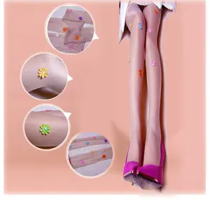 Meia-calça de seda feita à mão com rendas pérola flores coloridas sem ganchos meia-calça longa branca transparente doce personalizada