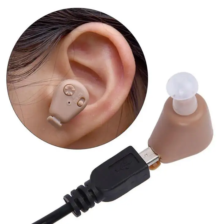 سماعة أذن غير مرئية صغيرة الحجم قابلة لإعادة الشحن عالية الجودة للكبار وكبار السن سماعة أذن مع مكبر للصوت