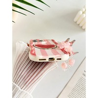 Coque de téléphone portable INS brillante à rayures pastel avec chaîne pour iPhone 11 16 17 18 Pro Max, coque arrière crème Funda