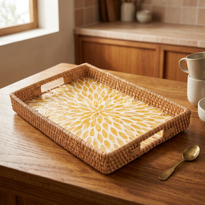 Bandeja Flexible de Ratán Estilo Bohemio Hecha a Mano con Incrustaciones de Madreperla para Servir Comida de Forma Sencilla y Decorar la Mesa del Hogar - Product Image 3