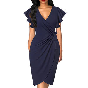 <span class=keywords><strong>Robe</strong></span> moulante élégante pour femme à col en V et manches à volants, couleur unie ou imprimé floral, coupe ajustée, longueur midi, idéale pour les fêtes, le bureau ou le quotidien - Product Image 5