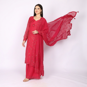 Ensemble de costume 3 pièces pour femme, tendance et haut de gamme, couleur rouge, avec perles et travail de sequins, conçu pour les femmes modernes - Product Image 1