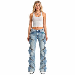 Jean évasé <span class=keywords><strong>femme</strong></span> Wangsheng avec patchs étoiles, denim délavé bleu clair, pantalon streetwear Y2K, détails fermeture éclair, style vintage WS-ZL-01-108 - Product Image 6