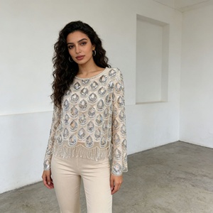 OUDINA Nuova Collezione Boutique: Top Corto con Paillettes e Frange, Collo Tondo, Manica Lunga, Taglia XXL Plus Size per <span class=keywords><strong>Donna</strong></span> - Product Image 5