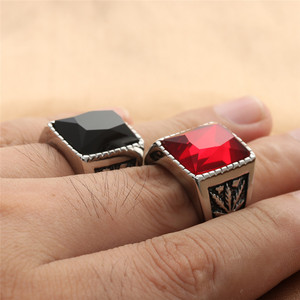 European American Style <b>Titanium</b> Steel Leaf Gemstone <b>Ring</b> Men's Punk Geometric Square <b>Ring</b> Silver <b>Black</b> Sapphire Ruby Bezel - Product Image 3