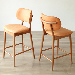 <span class=keywords><strong>Chaise</strong></span> de bar en <span class=keywords><strong>bois</strong></span> massif de style rétro japonais, dossier en cuir moderne minimaliste, pieds hauts, tabouret de bar commercial pour café et cuisine - Product Image 4