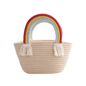 straw bag supplier Soft Cotton Rope Handmade Large Straw Tote Bag Women's Handbag straw beach bag