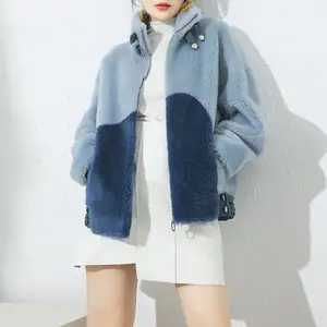 2024 Autumn Coat Ladies Blue Contrast Color Long Sleeve Stand Collar With Pockets Warm Lamb Wool Coat