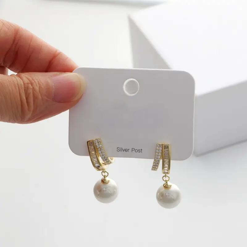 High Quality Luxury Zircon Setting White Pearl Dangle 925 Silver Needle Earrings For Women Exquisite Gold Color U Shaped Jewelry