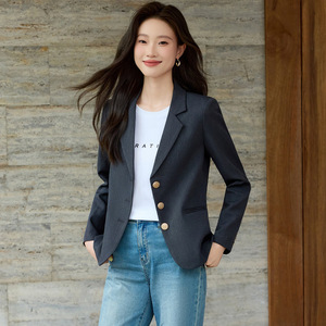 Women's Black Short Blazer Solid Color Polyester Anti-Wrinkle Casual Suit Jacket For Petite Women - Product Image 2