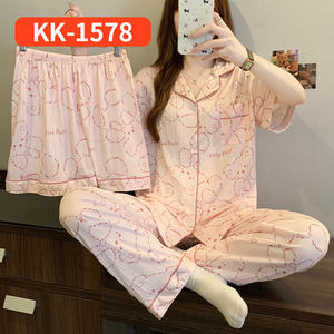 Setelan Piyama Wanita Motif Pita Korea Bergaris Manis Lengan Panjang Kerut Pinggang Elastis Foto Asli - Product Image 6