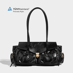 Sac de style moto rétro personnalisé, grande capacité, sac à main pour femme, sous le bras, multi-poches, cuir véritable, sac à bandoulière pour les trajets quotidiens - Product Image 1