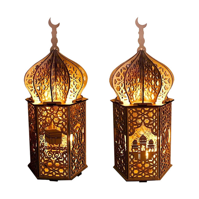 Islam Muslim 3d Eid Led Ramadan Lantern Mubarak Desktop Hanging Wooden Light Lamp Decoration Ornament