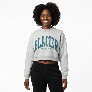 Sudadera Corta para Mujer del Parque Nacional Glaciar, Cuello Redondo, Manga Regular, Mezcla de Algodón Tejido, Gris Claro, Estampado de Letras, Ropa de Otoño - Product Image 1