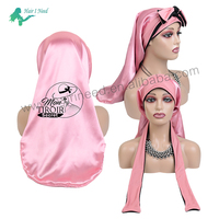Bonnets en satin soyeux réversible à double couche avec logo personnalisé en gros, bande élastique longue, bonnet extra long pour tresses, perruques bouclées