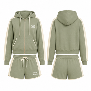 Custom Logo Two Piece <b>Set</b> Women Clothing Zip Up Hoodie Drawstring Shorts Casual Outfit OEM ODM Wholesale - Product Image 2