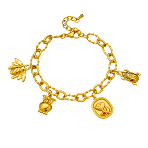 Fashion Charm Bracelet 18K Gold Plated Stainless Steel Animal Owl Bee Ladybug Rose Pendant Women's Jewelry Gift - Product Image 5